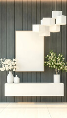 Modern minimalist hallway interior design with blank canvas, white console, and flowering plants. Ideal for home decor or interior design websites