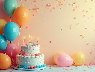 Colorful balloons, birthday cake and candles on festive party background Concept Birthday party decoration Festive balloons, colorful theme. There is space for text on the side.