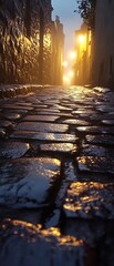 Moody cobblestone street illuminated by warm lights during rain evoking nostalgia and cinematic urban atmosphere
