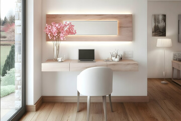 Modern minimalist home office with laptop, flowers, and garden view; ideal for work-from-home lifestyle imagery