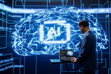 Programmer running AI cognitive computing tech on laptop to simulate human thought processes in...