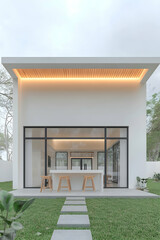 Modern minimalist house exterior design, backyard patio, garden, daytime.  Use Architectural visualization, real estate listing