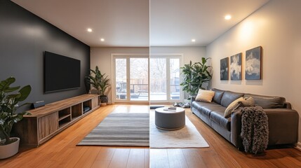 Interior living room split view, warm vs cool lighting.