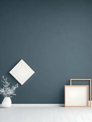Modern minimalist interior design, empty frames on dark blue wall, white floor, plant, mockup for artwork