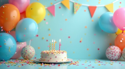 Colorful balloons, birthday cake and candles on festive party background Concept Birthday party decoration Festive balloons, colorful theme. There is space for text on the side.