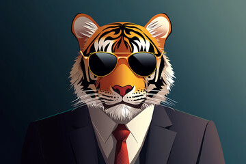 A stylized tiger wearing sunglasses and a suit, blending animal and business themes.