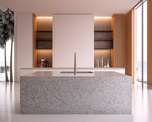 Modern minimalist kitchen island, ocean view, luxury home interior design, real estate