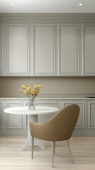 Fototapeta premium Modern minimalist kitchen nook with round table, chair, and flower vase; neutral color palette; ideal for interior design blogs or home décor websites