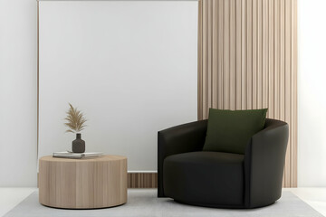 Modern minimalist living room interior design; black armchair, wooden side table, pampas grass; white wall, wood panel background; ideal for home decor websites