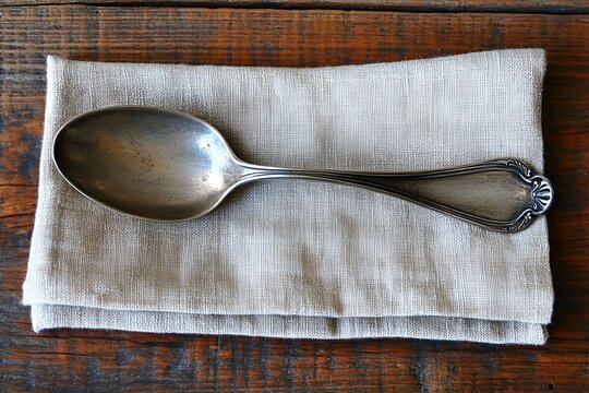 Rustic metal spoon resting on a folded linen napkin on a weathered wooden surface

