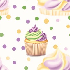 Mardi Gras theme with A cupcake with green frosting and purple frosting on top. The cupcake is surrounded by a pattern of polka dots