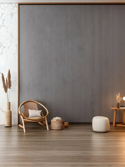 Modern minimalist living room interior design; rattan chair, wooden side table, pampas grass; grey wall backdrop; home decor inspiration for websites or magazines