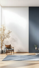 Modern minimalist living room interior design with armchair, rug, plants, and sunlight.  Ideal for home decor websites