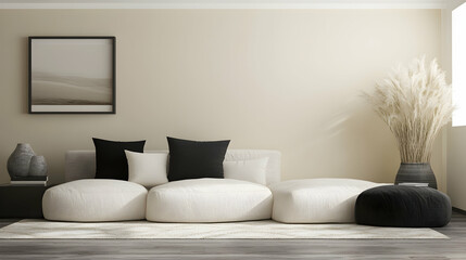 Modern minimalist living room interior design with white sofa, pampas grass, and neutral color palette, ideal for home decor websites