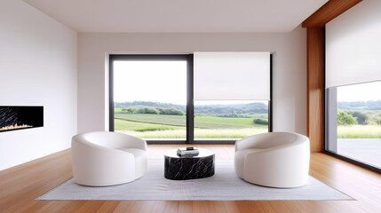 Modern minimalist living room with large windows overlooking a green field, perfect for interior design websites or magazines