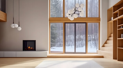 Modern minimalist living room with large windows overlooking snowy forest, fireplace, and wooden staircase; ideal for home design websites