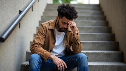 Young African American man sitting on stairs, hand on head, looking distressed. Concept for emotional awareness and support during Marijuana Awareness Month