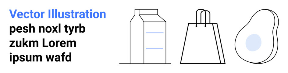 Milk carton, paper bag, and avocado in minimalistic style. Ideal for sustainability, eco-friendly practices, zero waste, grocery shopping, organic products environmental awareness. Landing page