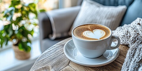 Warm cup of latte with heart design on a cozy table near a window on a sunny day