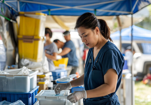 Asian female healthcare volunteer organizing medical supplies at an outdoor clinic, showcasing dedication, service, and teamwork in a humanitarian aid setting