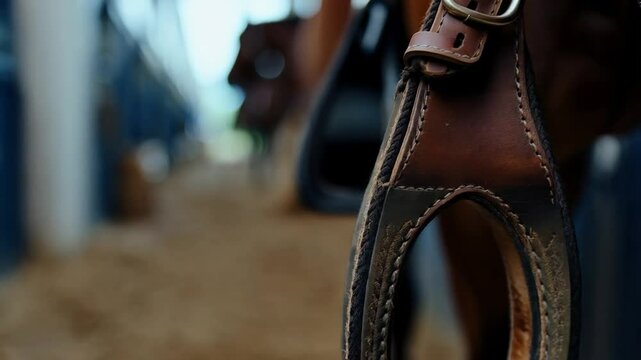 Close-up View of Leather Horse Halter in Stable Showcasing Equestrian Life and Animal Care