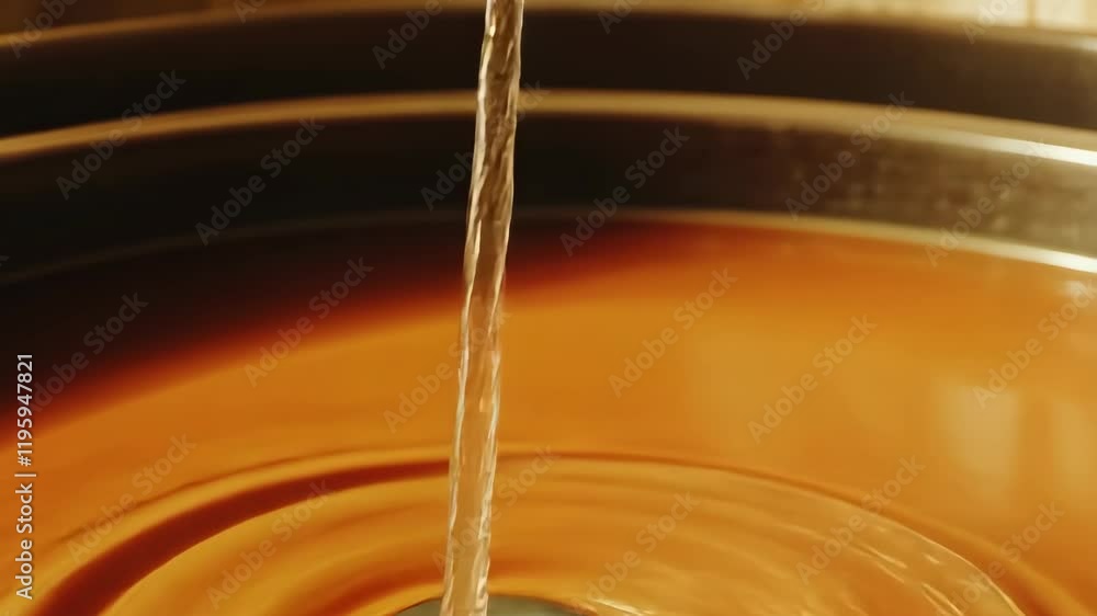 Poster water flows steadily into a metal container, creating rippling patterns on the surface