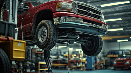 Classic Red Pickup Truck Elevated in Auto Repair Shop with Workshop Equipment and Tools on Display in Background