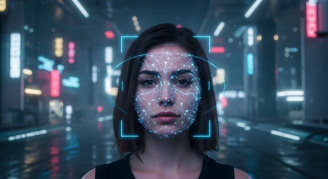 woman face and work of biometric identification system on dark blue background, facial recognition with AI technology. Concept of verification, id, person, deepfake