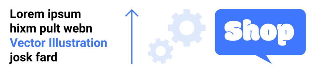 Blue text and gears with an upward arrow and a Shop text in a speech bubble. Ideal for ecommerce, business growth, online stores, digital marketing, and web development. Banner for landing page