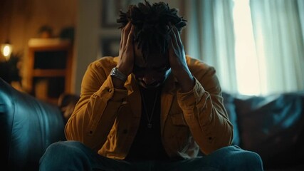 African american young man with dreadlocks in mustard jacket sits crying on sofa holding head in hands expressing deep sorrow. Concept of depression, stress, grief and emotional breakdown