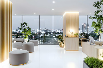 Modern office waiting area with city view at night, minimalist design, comfortable seating, plants. Ideal for business, real estate, or interior design websites