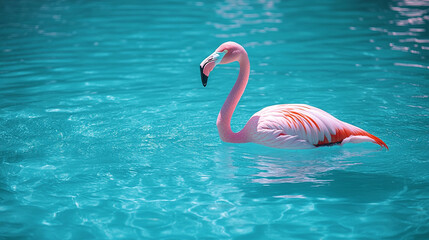 A close-up of a flamingo standing gracefully in the clear turquoise waters of the sea on Renaissance Island, Aruba with a soft blurred background and bright daylight enhancing the serene atmosphere

