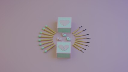 Emotional representation of heartbreak with broken hearts and burned matches