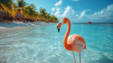 A close-up of a flamingo standing gracefully in the clear turquoise waters of the sea on Renaissance Island, Aruba with a soft blurred background and bright daylight enhancing the serene atmosphere

