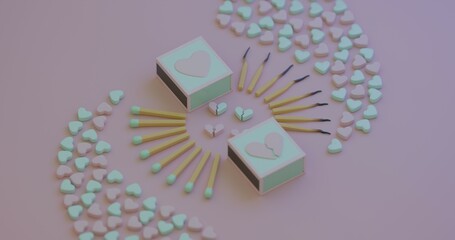 Pastel-themed artwork with matches and heart symbols