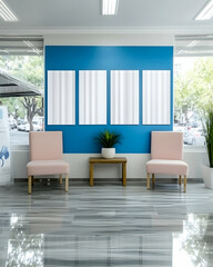 Fototapeta premium Modern waiting room with empty frames, pastel chairs, and plant. Ideal for medical or business office interior design