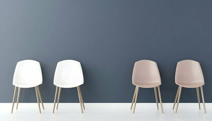 Modern waiting room with two white and two pink chairs against a dark-grey wall; ideal for website banners or presentations