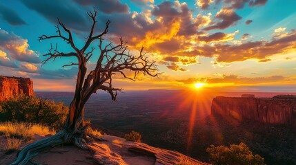 Fototapeta premium Majestic Canyon Sunset: A Lone Tree Silhouetted Against Fiery Hues