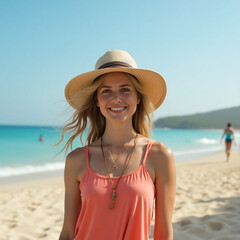 Retrato mujer de treinta años de edad rubia sonriendo con un gorro en una playa de vacaciones