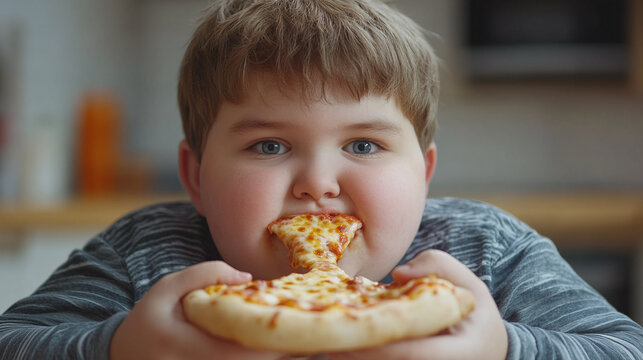 Closeup of fat overweight boy eating a slice of pizza, copy space, hungry male kid or child, taking a bite of unhealthy fast food, enjoying lunch.