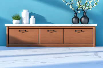 Modern wooden cabinet with marble top, blue wall, spring flowers, sunlight.  Home decor, interior design inspiration