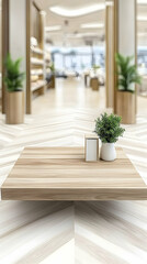 Modern wooden table display in stylish store interior, plants and books, blurred background, ideal for product placement