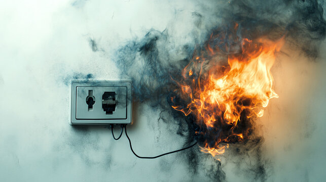Fire burnt wall electricity plug. electrical power circuit danger overload shock, home or house electric energy outlet, damaged, spark, hazard, safety and protection.