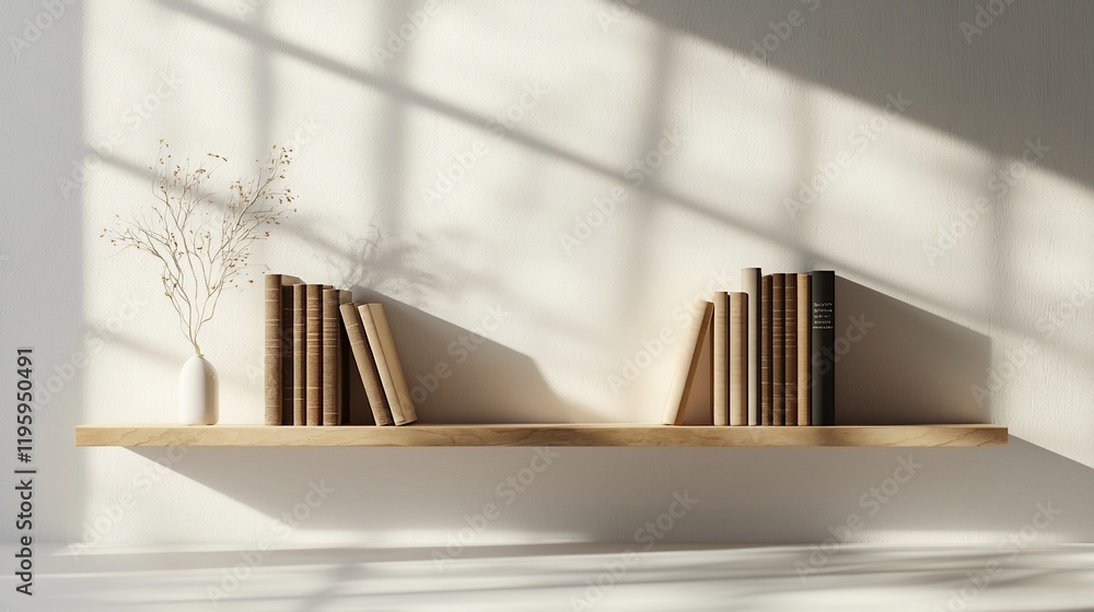 Poster Wooden shelf with books and dried flowers in sunlight.