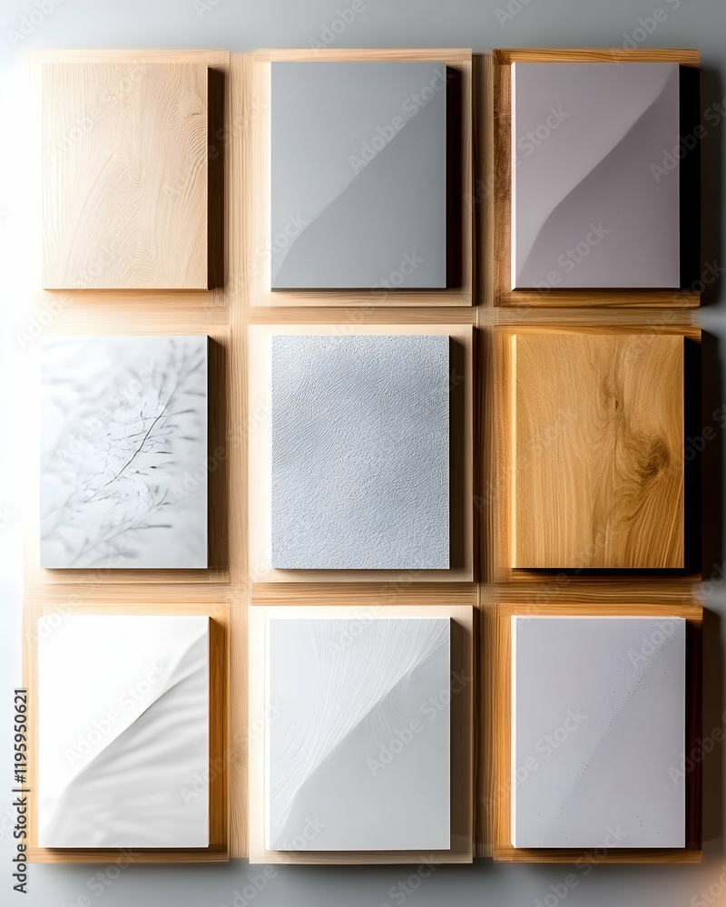 Poster nine square textured samples displayed on a light grey background; interior design material options;