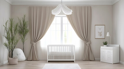 Fototapeta premium Nursery room interior design, crib, beige curtains, natural light, plants, calm atmosphere, for baby's room design inspiration
