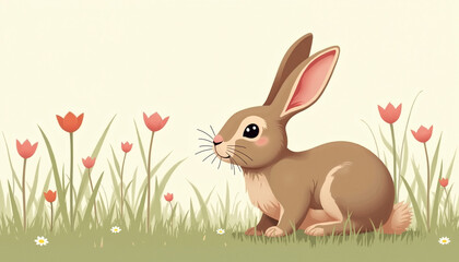 Cute rabbit sitting in a flower-filled meadow
