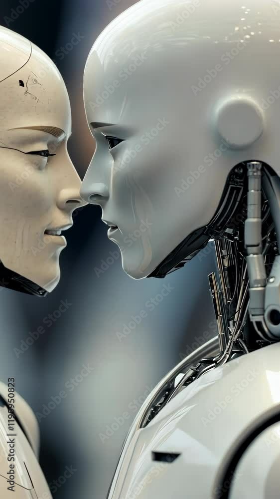 Aufkleber two humanoid robots facing each other in a futuristic setting exploring emotions and connections in 