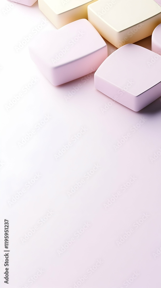 Poster pastel-colored square objects arranged on a pink background; space for text; product packaging or de