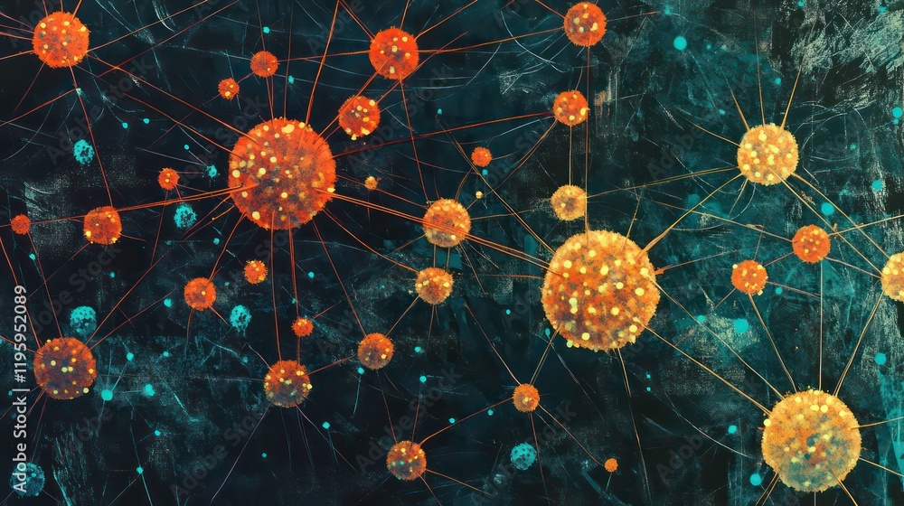 Aufkleber Microscopic view of interconnected orange spheres forming a network on a dark background.